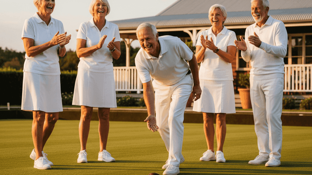 Friends laughing together on a bowling green at golden hour